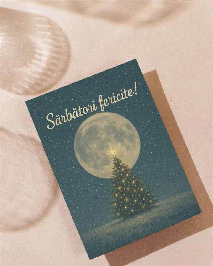 Felicitare handmade de Crăciun cu brad împodobit noaptea.