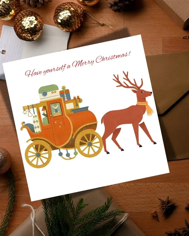 Felicitare handmade de Crăciun cu sanie cu reni.