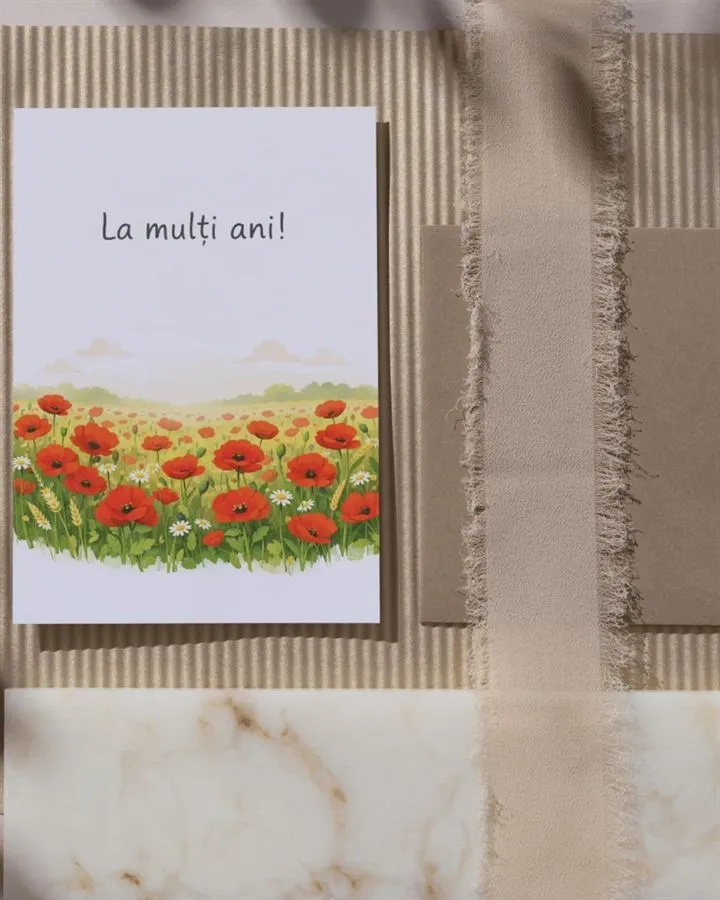 Felicitare handmade „La mulți ani” cu câmp de maci.