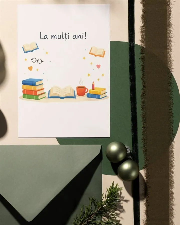 Felicitare handmade „La mulți ani” cu cărți și cafea.
