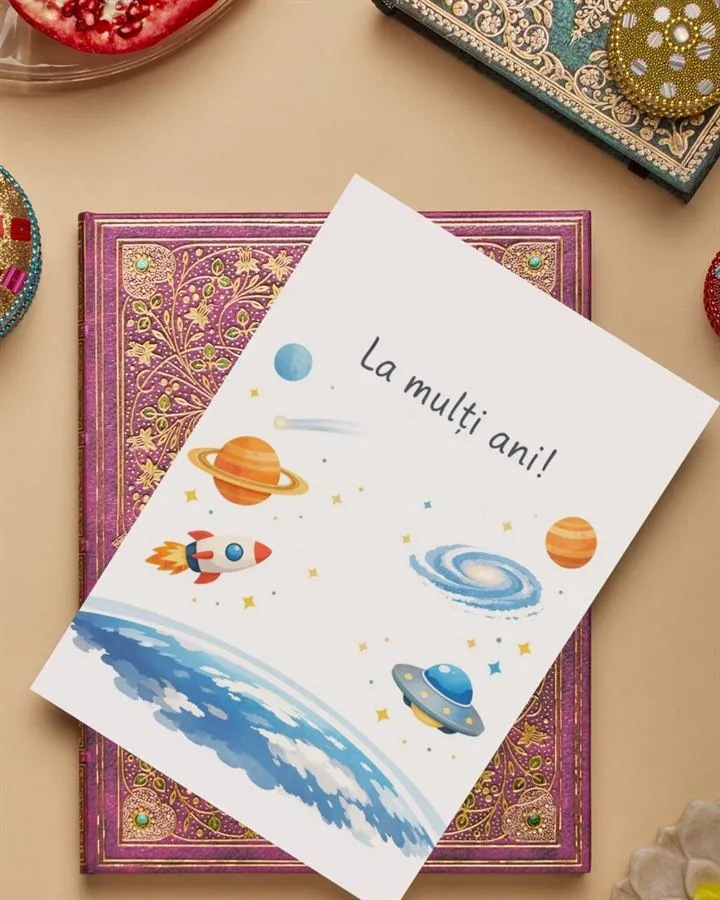 Felicitare handmade „La mulți ani” cu sistem solar.