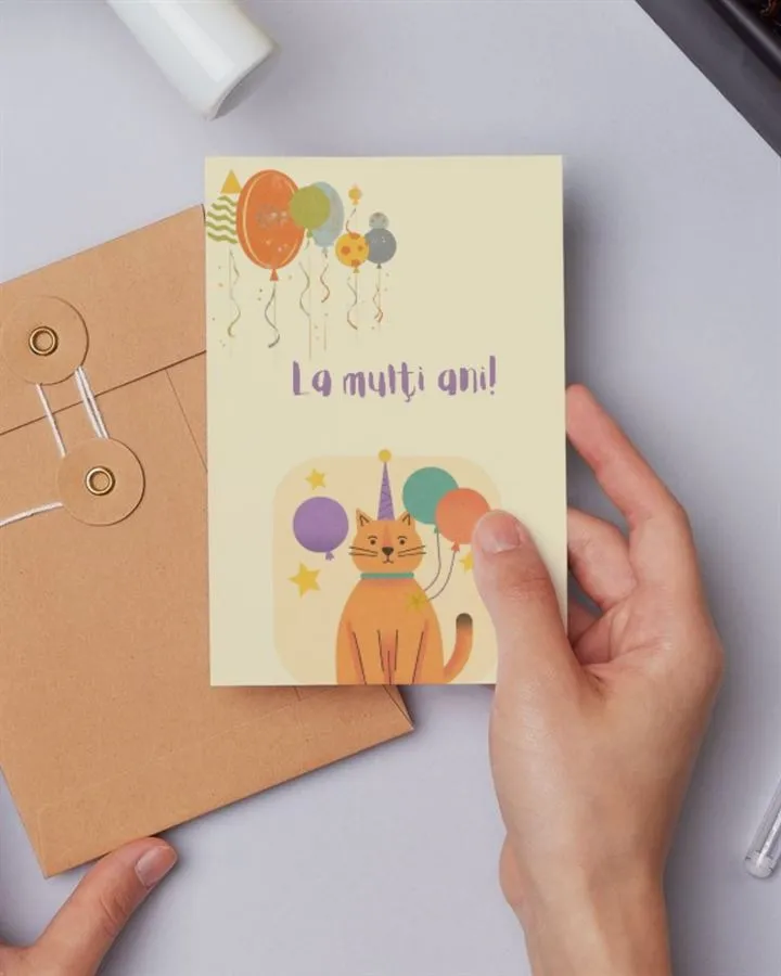 Felicitare handmade „La mulți ani” cu vulpe cu baloane.