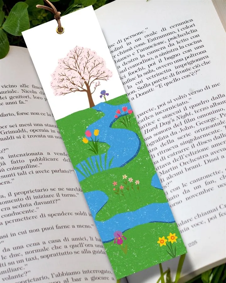 Semn de carte handmade cu peisaj cu copac portocaliu.