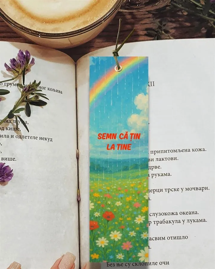 Semn de carte handmade, ilustrat. Pisică sub curcubeu